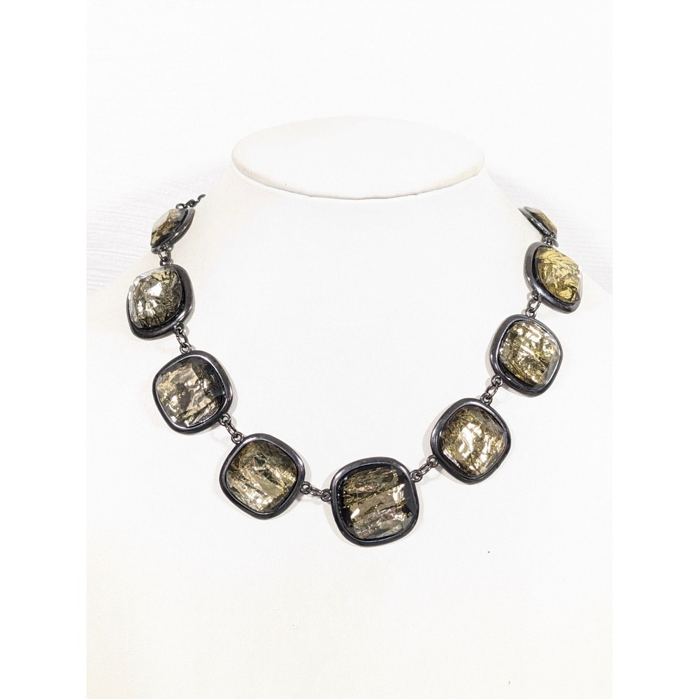 Retro Gray Metallic Green Gold Tone Foil Square Bubble Tennis Statement necklace
